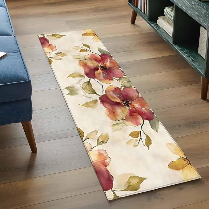 Runner Rug for Bedroom Hallway, Oil Painting Style Flowers Kitchen Runner Rugs Area Rug 2x6ft, Vintage Country Floral Washable Soft Floor Carpet for Entryway Stair