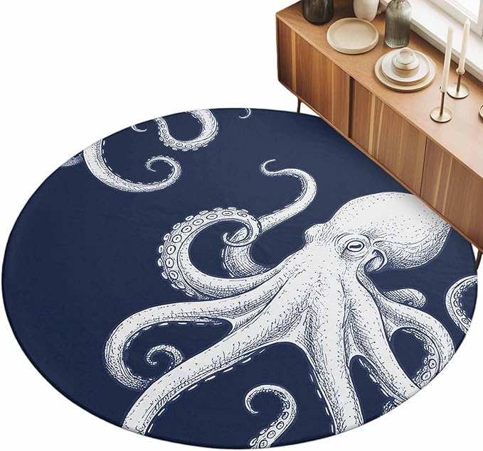 Washable Round Area Rug Underwater Ocean Giant Octopus Circle Rugs Floor Carpet for Living Room Bedroom, Navy Blue White Marine Life Soft Non Slip Round Rug 5ft