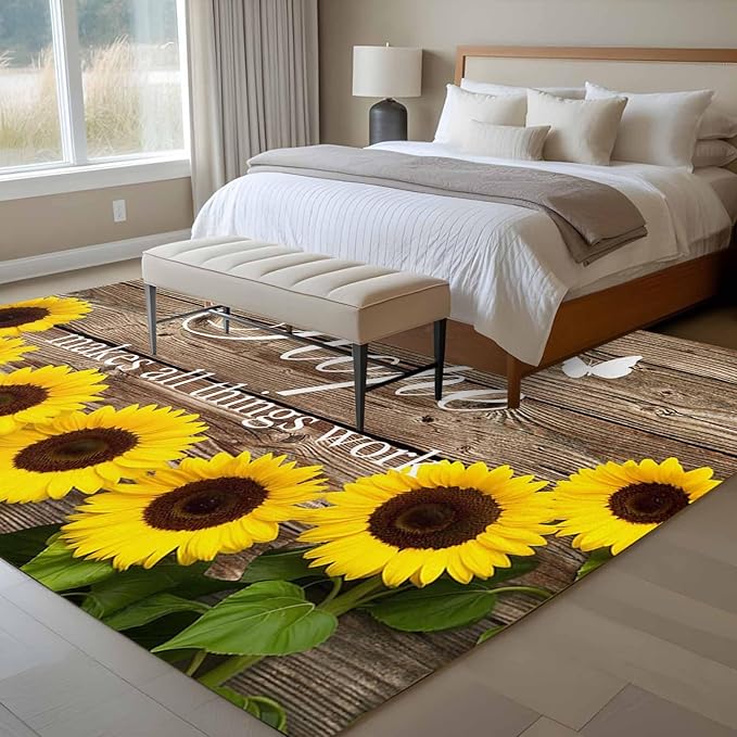 Area Rug 6x9ft, Farm Sunflower Positive Energy Quote Washable Rugs for Living Room Bedroom, Retro Dark Brown Wood Grain Soft Non-Slip Area Rugs Rectangle Floor Carpet for Dining Room
