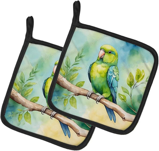 Caroline's Treasures Parrotlet Pair of Pot Holders Kitchen Heat Resistant Pot Holders Sets Oven Hot Pads for Cooking Baking BBQ, 7 1/2 x 7 1/2