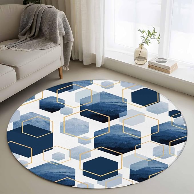 Washable Round Area Rug Watercolor Blue Hexagon Circle Rugs Floor Carpet for Living Room Bedroom, Abstract Geometric Art Soft Non Slip Round Rug 3ft