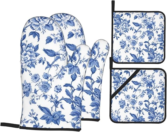 4 Pcs Blue and White Flower Oven Mitts and Potholders,Kitchen Oven Glove with Pot Holders,Non-Slip Gloves High Heat Resistant 500 Degree for BBQ, Grill, Baking, Cooking, Oven, Microwave