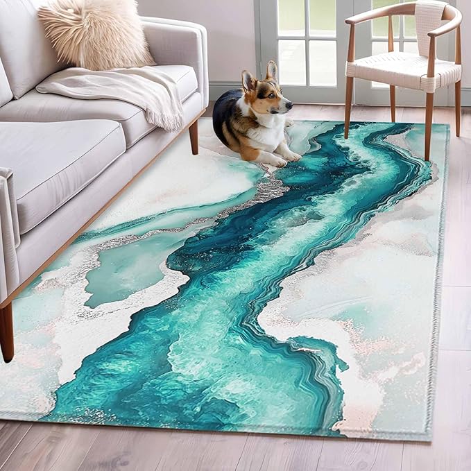 Area Rug 4x6ft, Abstract Blue Marble Texture Washable Rugs for Living Room Bedroom, Modern Luxury Pattern Soft Non-Slip Area Rugs Rectangle Floor Carpet for Dining Room