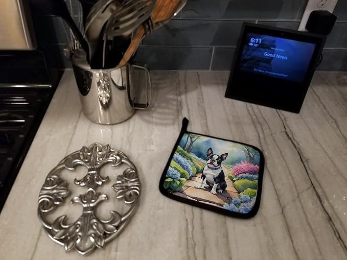 Caroline's Treasures Boston Terrier Spring Path Pair of Pot Holders Kitchen Heat Resistant Pot Holders Sets Oven Hot Pads for Cooking Baking BBQ, 7 1/2 x 7 1/2