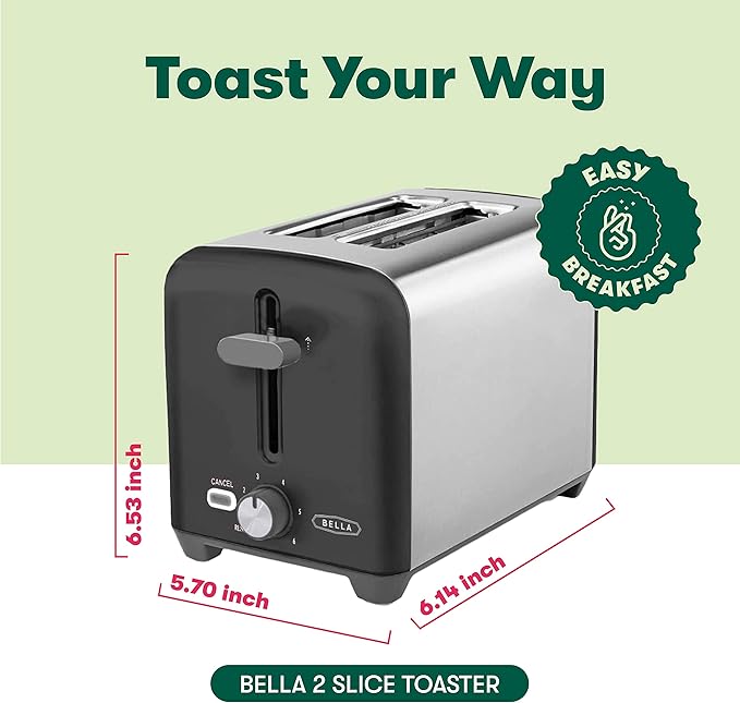 bella 2 Slice Toaster, Quick & Even Results Every Time, Wide Slots Fit Any Size Bread Like Bagels or Texas Toast, Drop-Down Crumb Tray for Easy Clean Up, Stainless Steel and Black