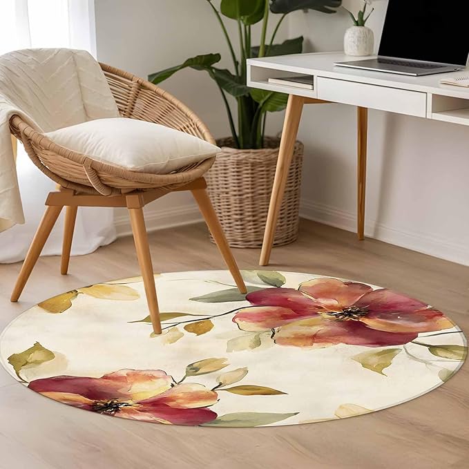 Washable Round Area Rug Oil Painting Style Flowers Circle Rugs Floor Carpet for Living Room Bedroom, Vintage Country Floral Soft Non Slip Round Rug 3ft