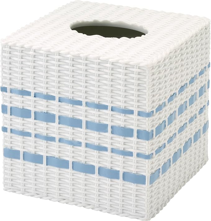 Izod – Tissue Box Cover, Wicker-Textured Hand-Painted Resin with Stripe Detail, Coastal Home Decor – Perfect for Bathrooms, Bedrooms, Kitchens or Offices (Savannah)