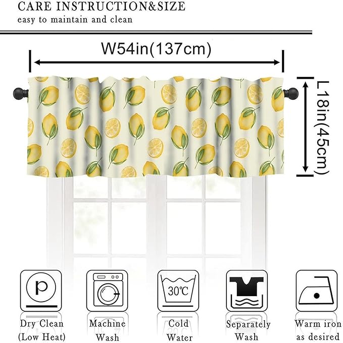 Watercolor Lemon Window Valance, Sweet Yellow Fruit Juicy Kitchen Short Rod Pocket Drapes for Dining Bedroom Living Room Cafe Resturant Home Decor, 54x18Inch