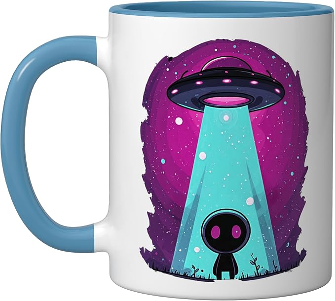 Cute Alien Abduction UFO Retro Space Sci Fi Kawaii Ceramic Mug, Blue/White