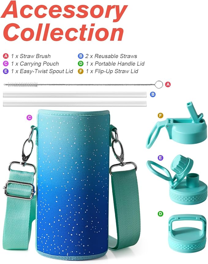 Coolflask Water Bottle 32 oz Insulated with Straw, Stainless Steel Metal 3 Lids Water Flask Wide Mouth for Sports or Office, Non-BPA Keep Cold Up to 48 Hrs or Hot Up to 24 Hrs, Glacier Blue