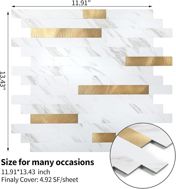 Yipscazo Peel and Stick Stone Metal Backsplash, Stick on Tiles for Backsplash Kitchen (White Stone with Gold, 20-Pack)