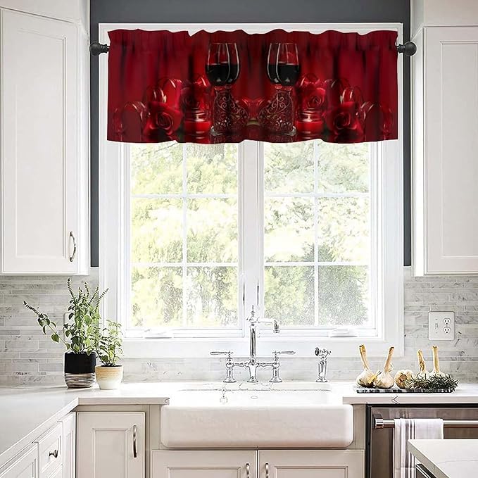 Red Wine Curtain Valance, Romantic Rose Floral Wine Glasses Candle Love Themed Short Window Treatment for Kitchen Dining Date Bedroom Living Room Valentine's Day, 54x18Inch