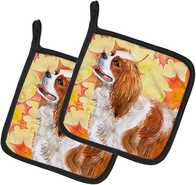 Caroline's Treasures BB9924PTHD Cavalier Spaniel Fall Pair of Pot Holders, Yellow Kitchen Heat Resistant Pot Holders Sets Oven Hot Pads for Cooking Baking BBQ, 7 1/2 x 7 1/2