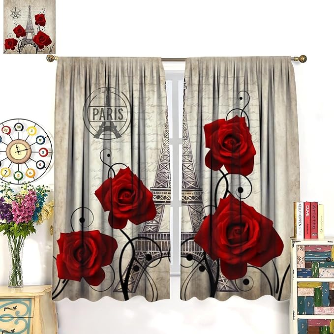 Eiffel Tower Blackout Curtain,Vintage France Paris Red Rose Floral Stamp Romantic Window Curtains for Bedroom Cafe Dining Room Office Living Room Kitchen Drapes,63x63 in
