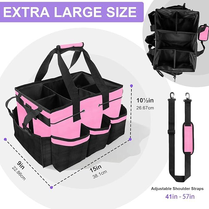 ALSLEA Cleaning Caddy Bag Heavy-Duty Organizer Tote for Housekeepers, Janitors & Home Cleaning Supplies with Adjustable Shoulder Strap & Multiple Pockets (Pink)