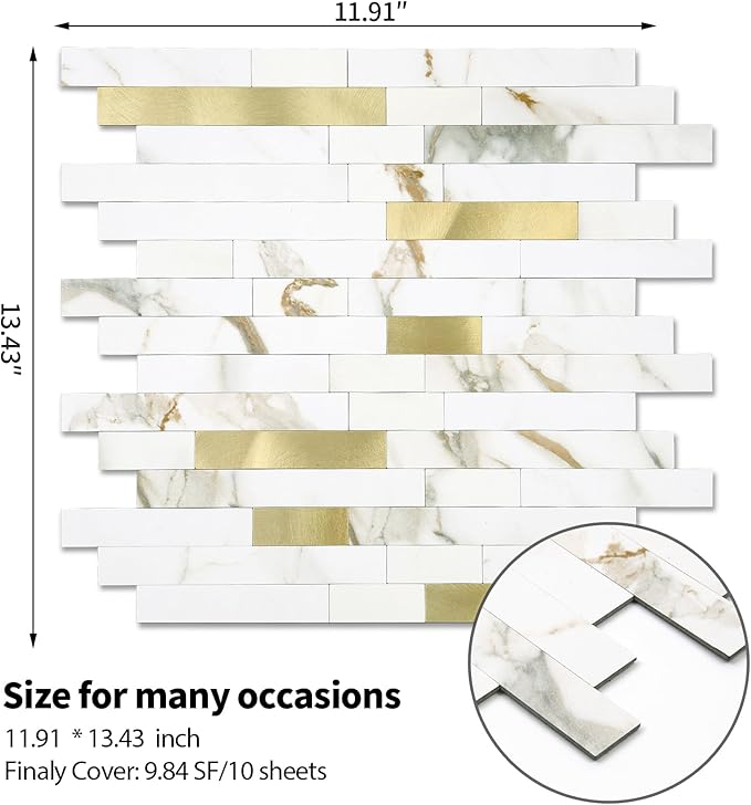 10 - Sheet Peel and Stick Backsplash Wall Tile, PVC Kitchen Backsplash, Stick on Tiles for Backsplash Kitchen (12'' X 12'', White with Gold)