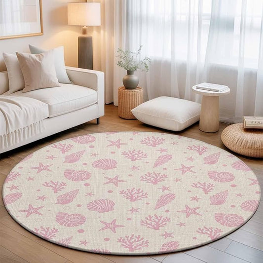 Washable Round Area Rug Ocean Pink Shell Coral Conch Circle Rugs Floor Carpet for Living Room Bedroom, Marine Starfish on Farm Burlap Soft Non Slip Round Rug 3ft