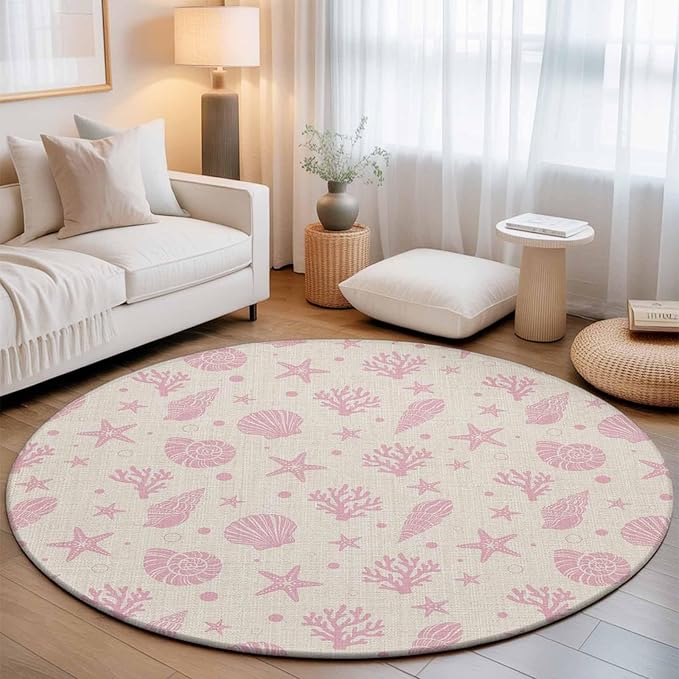 Washable Round Area Rug Ocean Pink Shell Coral Conch Circle Rugs Floor Carpet for Living Room Bedroom, Marine Starfish on Farm Burlap Soft Non Slip Round Rug 5ft
