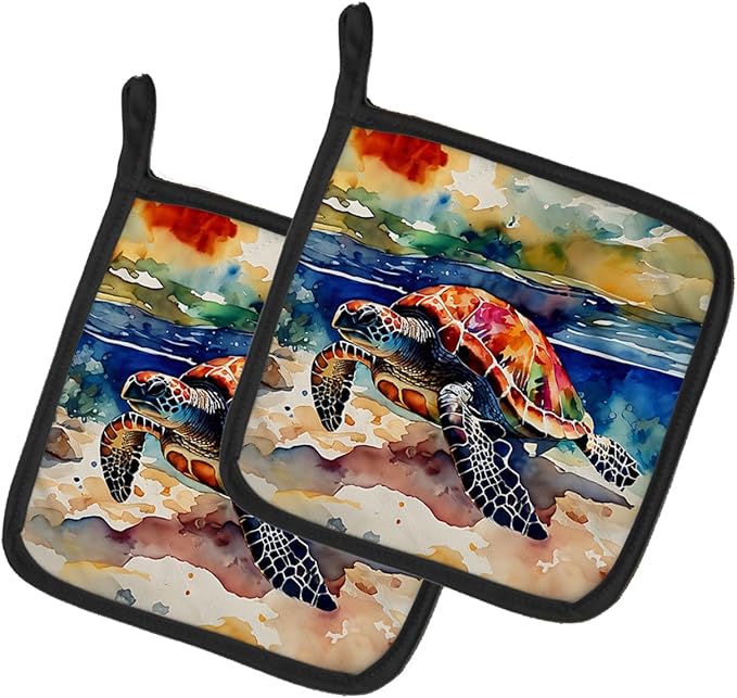 Caroline's Treasures Loggerhead Sea Turtle Pair of Pot Holders Kitchen Heat Resistant Pot Holders Sets Oven Hot Pads for Cooking Baking BBQ, 7 1/2 x 7 1/2