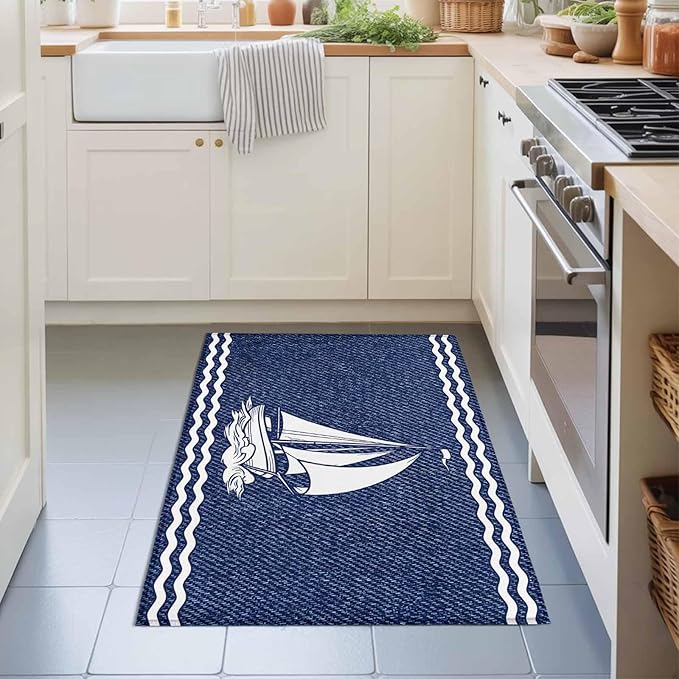 Area Rug 2x3ft, Nautical Sailing Boat on Steel Blue Washable Rugs for Living Room Bedroom, Vintage Water Waves Soft Non-Slip Area Rugs Rectangle Floor Carpet for Dining Room