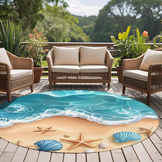 Washable Round Area Rug Summer Beach Shell Starfish Circle Rugs Floor Carpet for Living Room Bedroom, Marine Life Cartoon Style Soft Non Slip Round Rug 5ft