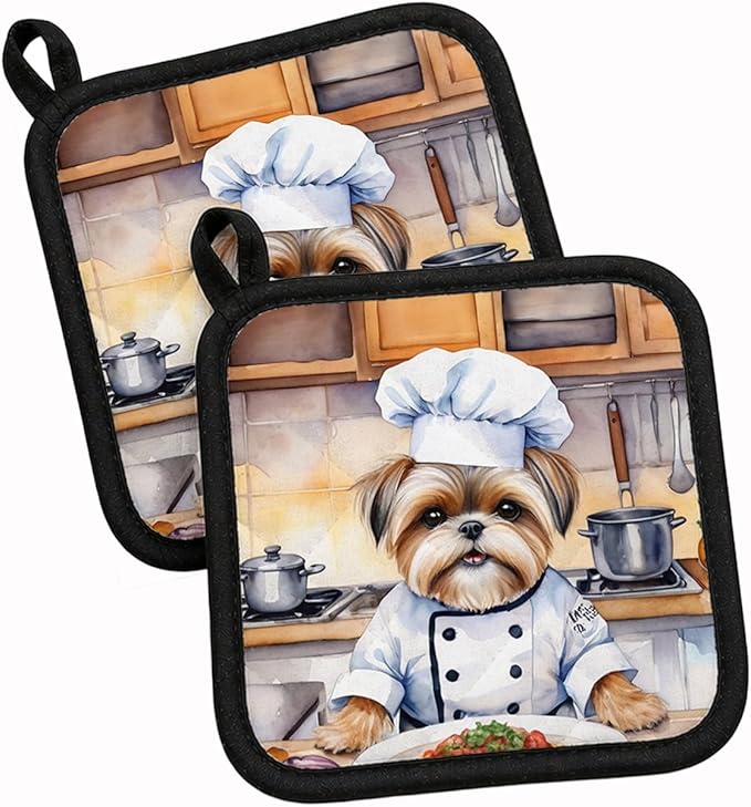 Caroline's Treasures Lhasa Apso The Chef Pair of Pot Holders Kitchen Heat Resistant Pot Holders Sets Oven Hot Pads for Cooking Baking BBQ, 7 1/2 x 7 1/2