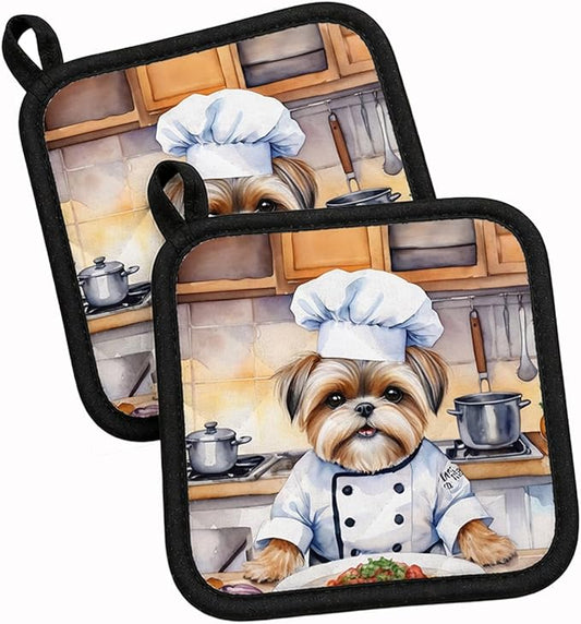 Caroline's Treasures Lhasa Apso The Chef Pair of Pot Holders Kitchen Heat Resistant Pot Holders Sets Oven Hot Pads for Cooking Baking BBQ, 7 1/2 x 7 1/2