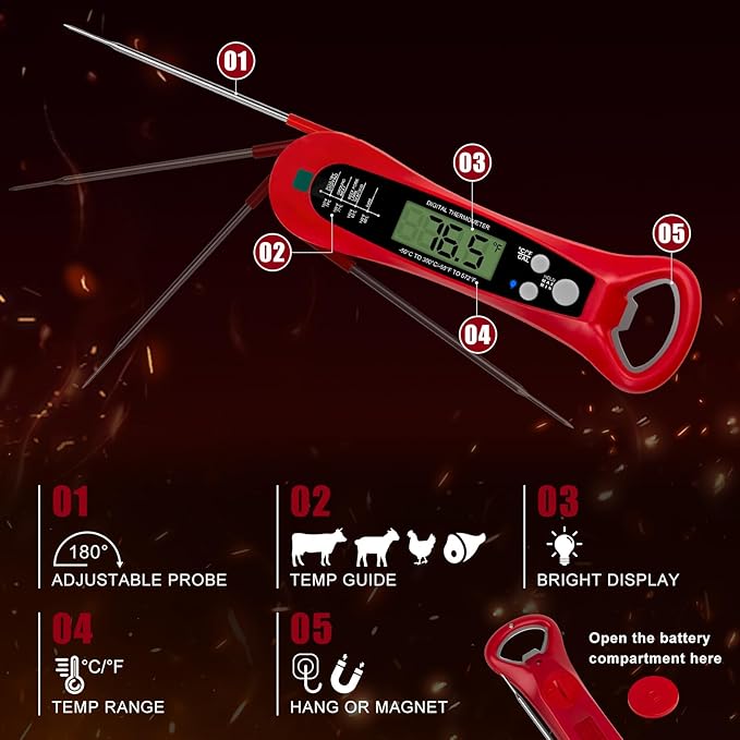 Instant Read Digital Meat Thermometer for Cooking and Baking - Accurate Food Thermometer for Ovens and Grills Red