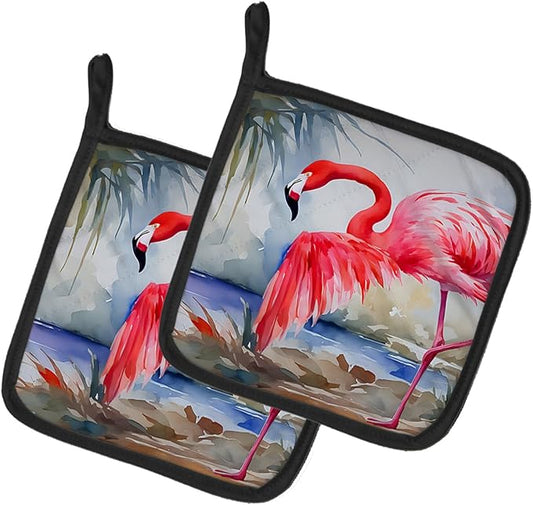 Caroline's Treasures Flamingo Pair of Pot Holders Kitchen Heat Resistant Pot Holders Sets Oven Hot Pads for Cooking Baking BBQ, 7 1/2 x 7 1/2