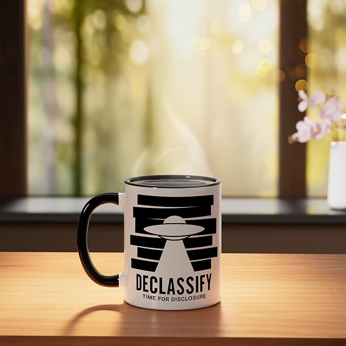 UFO Declassify Disclosure Government Secrets Flying Saucer Ceramic Mug, Black/White
