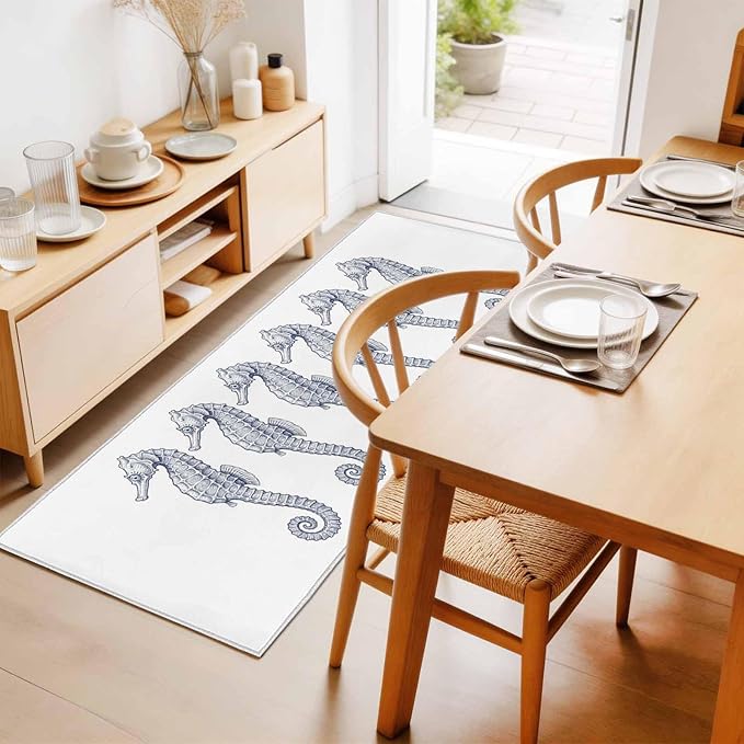 Runner Rug for Bedroom Hallway, Summer Light Blue Seahorse Kitchen Runner Rugs Area Rug 2x6ft, Underwater Ocean Animals Washable Soft Floor Carpet for Entryway Stair