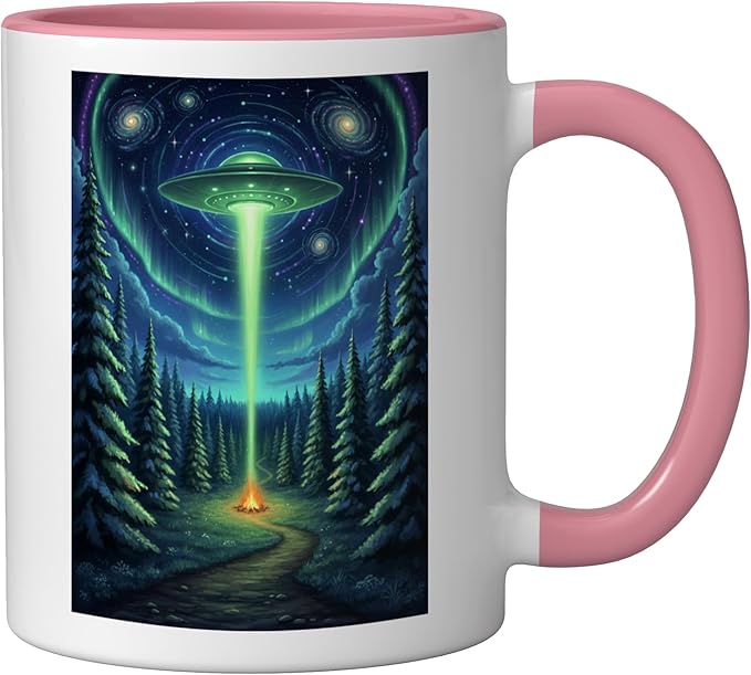 UFO in Forest Campfire Nature Camping Flying Saucer UAP Ceramic Mug, Pink/White