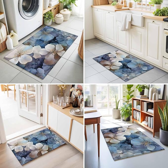 Area Rug 2x3ft, Watercolor White Navy Blue Floral Foliage Washable Rugs for Living Room Bedroom, Abstract Flower Soft Non-Slip Area Rugs Rectangle Floor Carpet for Dining Room
