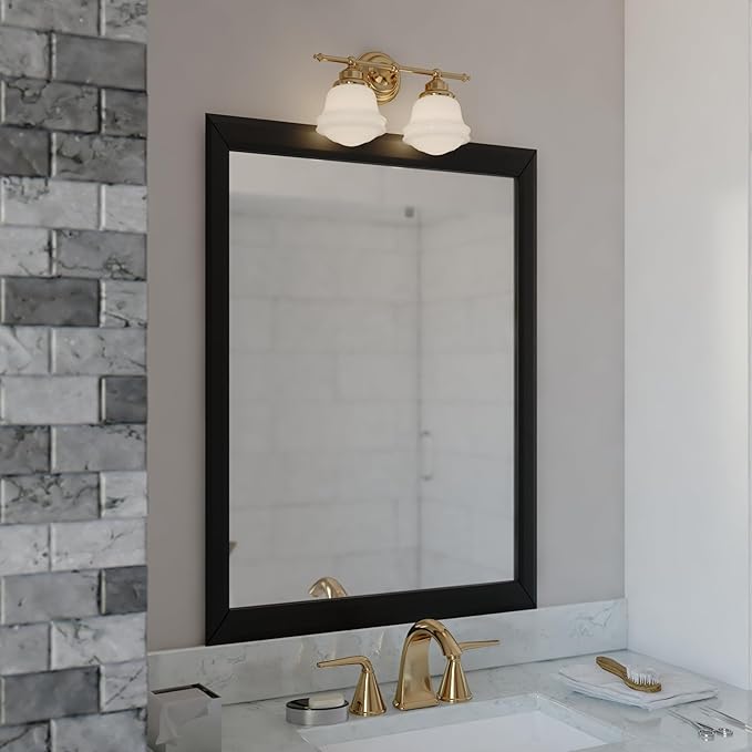 VAXCEL Huntley 2-Light 16 inch Wide Natural Brass Gold Farmhouse Bathroom Vanity Lighting Fixture, White Schoolhouse Milk Glass Globe Shade, Dimmable, LED Compatible, Over The Mirror Wall Mounted