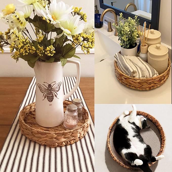 Large Round Water Hyacinth Storage Baskets, Hand-Woven Natural Grass Weaving Trays with Built-in Handles, Wicker Serving Trays for Fruit, Arts, Crafts, and Home Decor