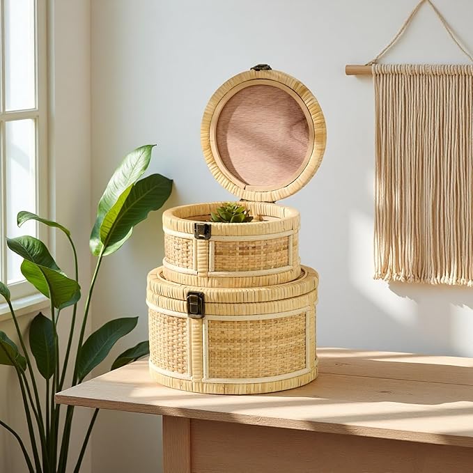 2PCS Rattan Storage Boxes with Lids Wooden Frame Decorative Natural Rattan Round Baskets Set Handmade Woven Wicker Keepsake Memory Jewelry Box Bin Boho Cane Desktop Organizer Container