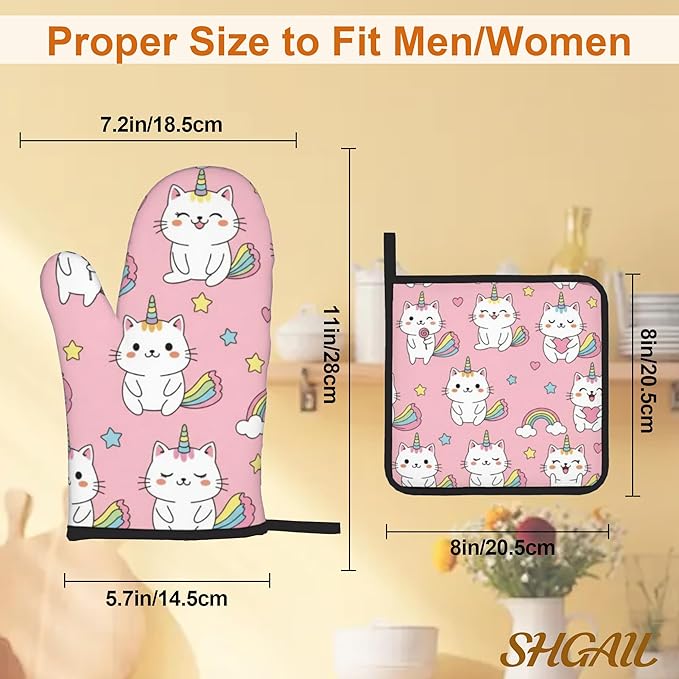 Pink Cat Oven Mitts and Heat Resistant Pads - Heat Resistant Gloves Potholder Set of 4 for Cooking, BBQ, Gifts for Women