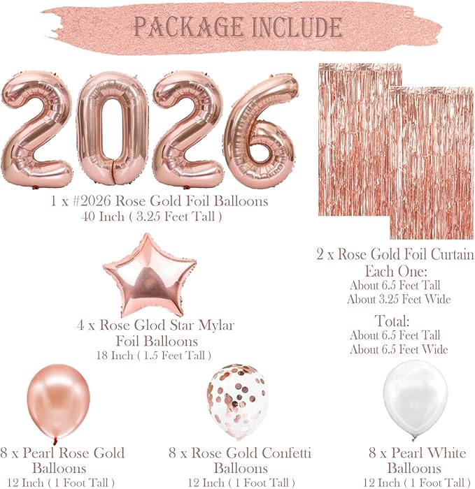 JOJO FLY New Years Eve Party Decorations Kit, Rose Gold 2026 Balloons, Rose Gold and White Balloons Set, Foil Curtain, Graduation Decorations, New Years Eve Party Supplies 2026