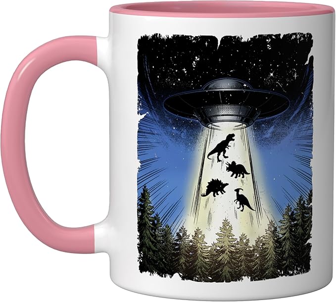 UFO Dinosaur Alien Abduction Flying Saucer Conspiracy Ceramic Mug, Pink/White