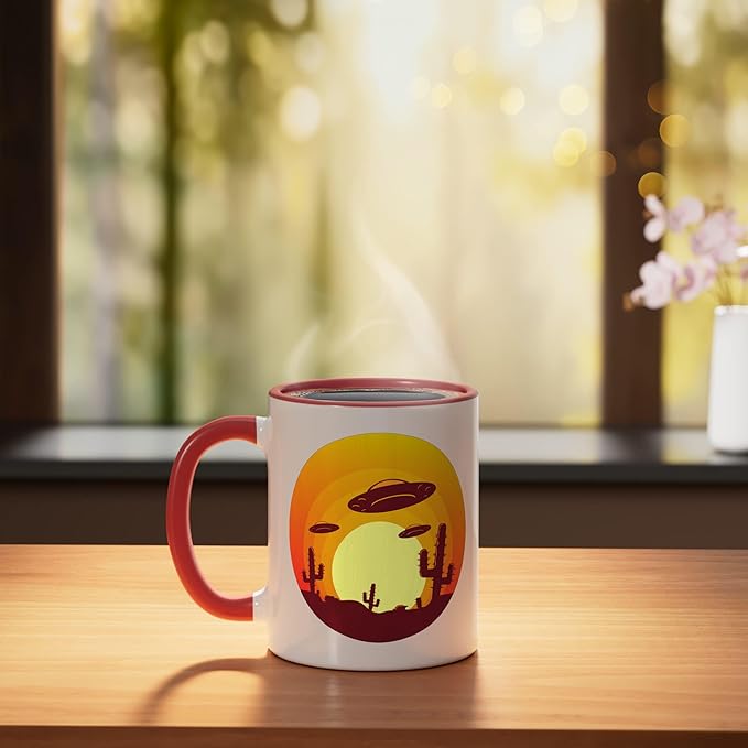 UFO Alien Abduction Conspiracy Vintage Nevada Desert Sunset Ceramic Mug, Red/White