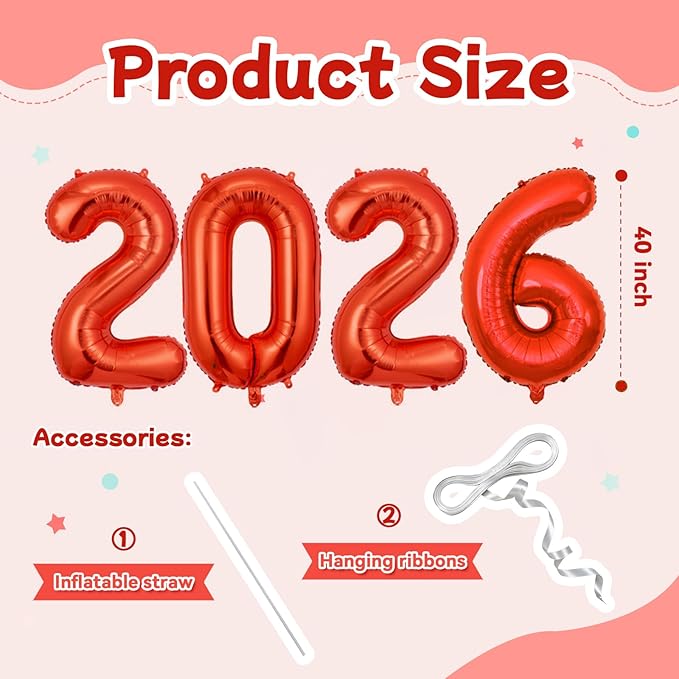 Red 2026 Balloons, Jumbo 40 Inch Foil 2026 Number Balloons, Grad Balloons for Class of 2026 Graduation Party, Red Matellic Foil New Year Birthday Home Office Party Supplies