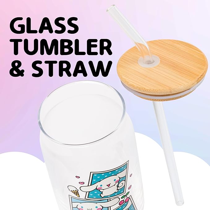Silver Buffalo Sanrio Hello Kitty and Friends Cinnamoroll Polaroids Glass Jar Tumbler with Bamboo Lid and Glass Straw, 16 Ounces (Pack of 12)