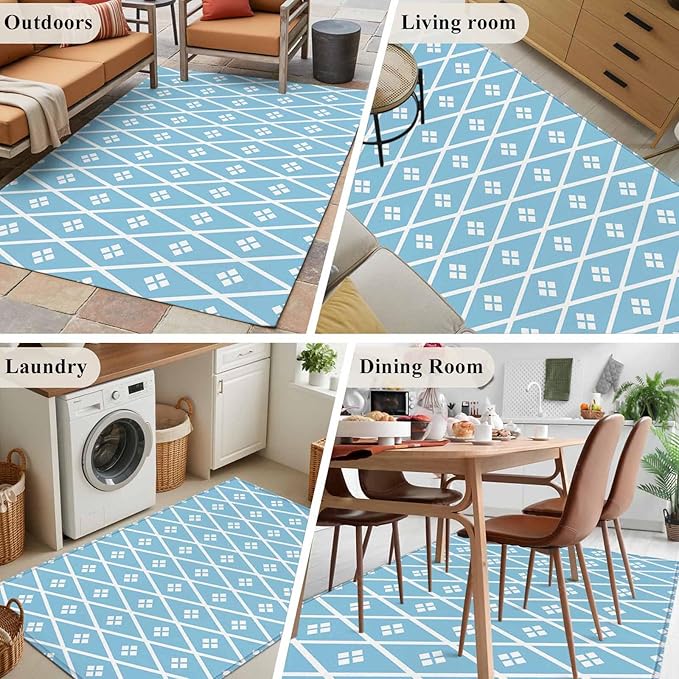 Area Rug 3x5ft, Boho Blue White Plaid Line Washable Rugs for Living Room Bedroom, Abstract Geometric Diamond Soft Non-Slip Area Rugs Rectangle Floor Carpet for Dining Room