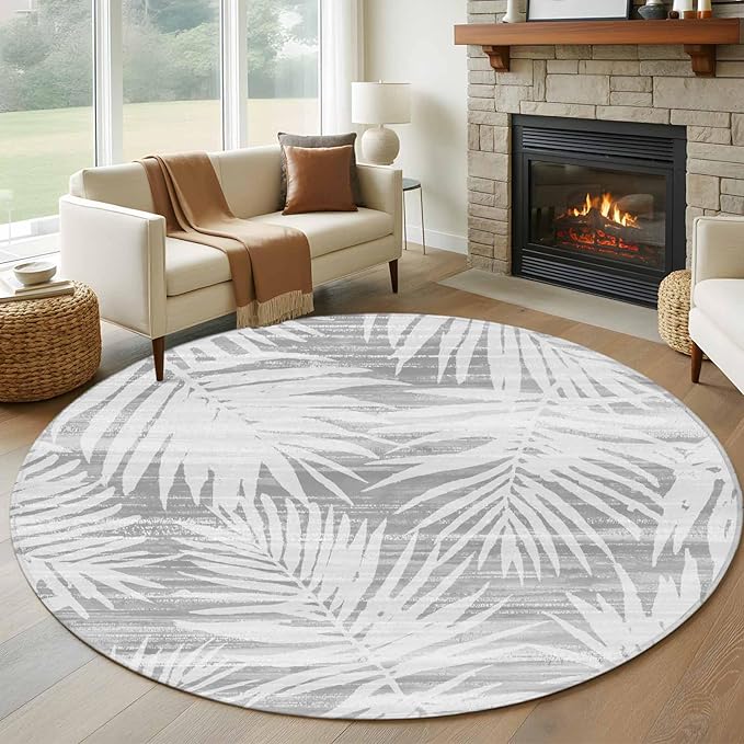 Washable Round Area Rug Modern Gray Palm Leaves Circle Rugs Floor Carpet for Living Room Bedroom, Boho Tropical Leaves Soft Non Slip Round Rug 5ft