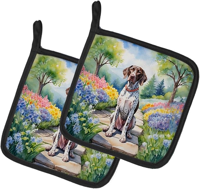 Caroline's Treasures German Shorthaired Pointer Spring Path Pair of Pot Holders Kitchen Heat Resistant Pot Holders Sets Oven Hot Pads for Cooking Baking BBQ, 7 1/2 x 7 1/2
