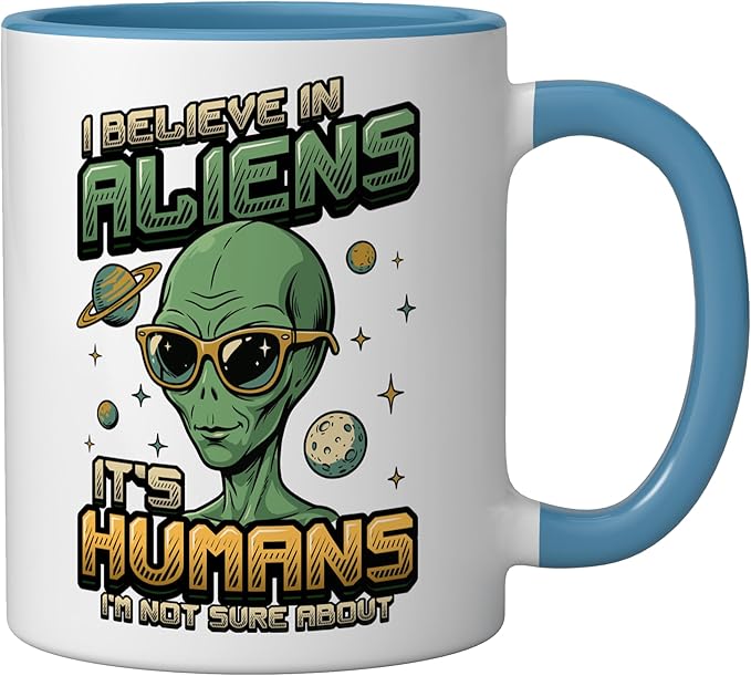 Alien Believer UFO Extraterrestrial Space Lover Ceramic Mug, Blue/White