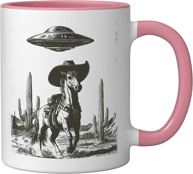 Funny Alien UFO Cowboy Horse Desert Cactus Western Graphic Ceramic Mug, Pink/White