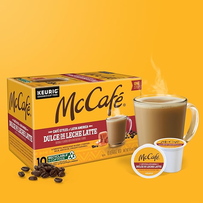 McCafé Dulce de Leche Latte, One Step Latte Single Serve Keurig K-Cup Pods, Flavored Coffee, 60-Count Box (6 Packs of 10)