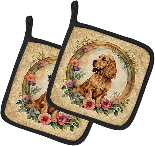 Caroline's Treasures English Cocker Spaniel and Flowers Pair of Pot Holders Kitchen Heat Resistant Pot Holders Sets Oven Hot Pads for Cooking Baking BBQ, 7 1/2 x 7 1/2