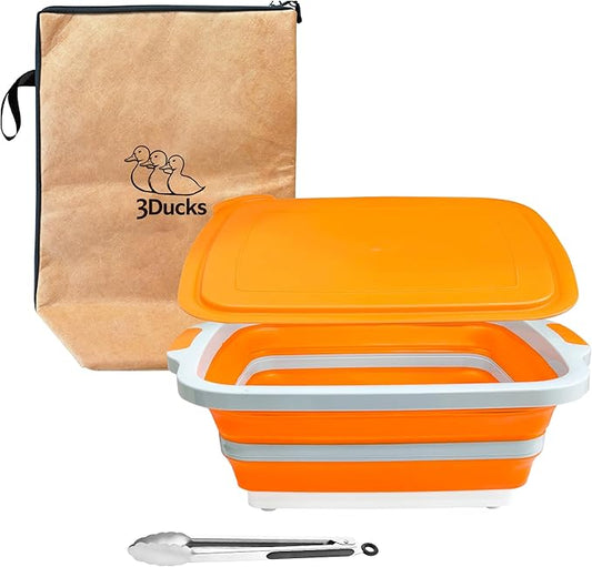 Collapsible BBQ Prep Tub with Locking Cutting Board Lid & Strainer – Portable Grill Prep Station for Marinating & Food Prep, Foldable Camping Sink for BBQ, Picnic & Outdoor Cooking (Orange)
